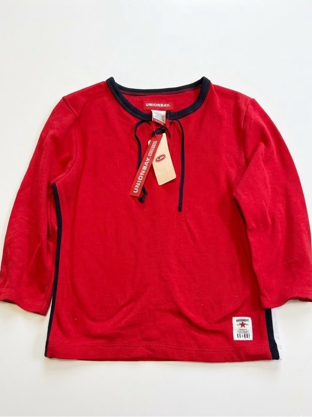 UNIONBAY Red Long-Sleeve Tee with Navy Trim and Tie Neck